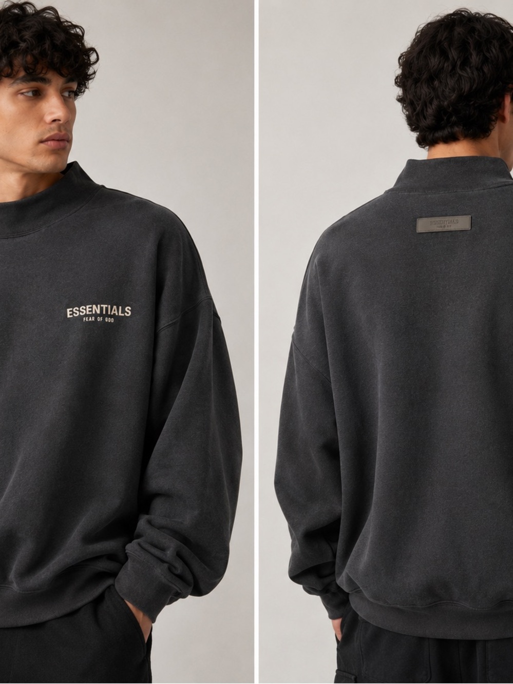 Fear of God Essentials Black/charcoal Mock Neck Fleece Sweatshirt Size Small